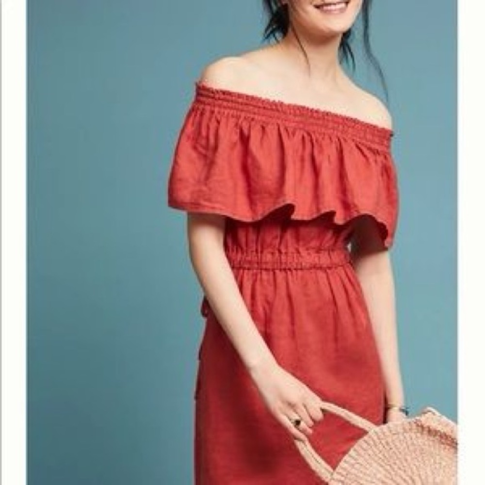 Anthropologie linen red off-the-shoulder dress